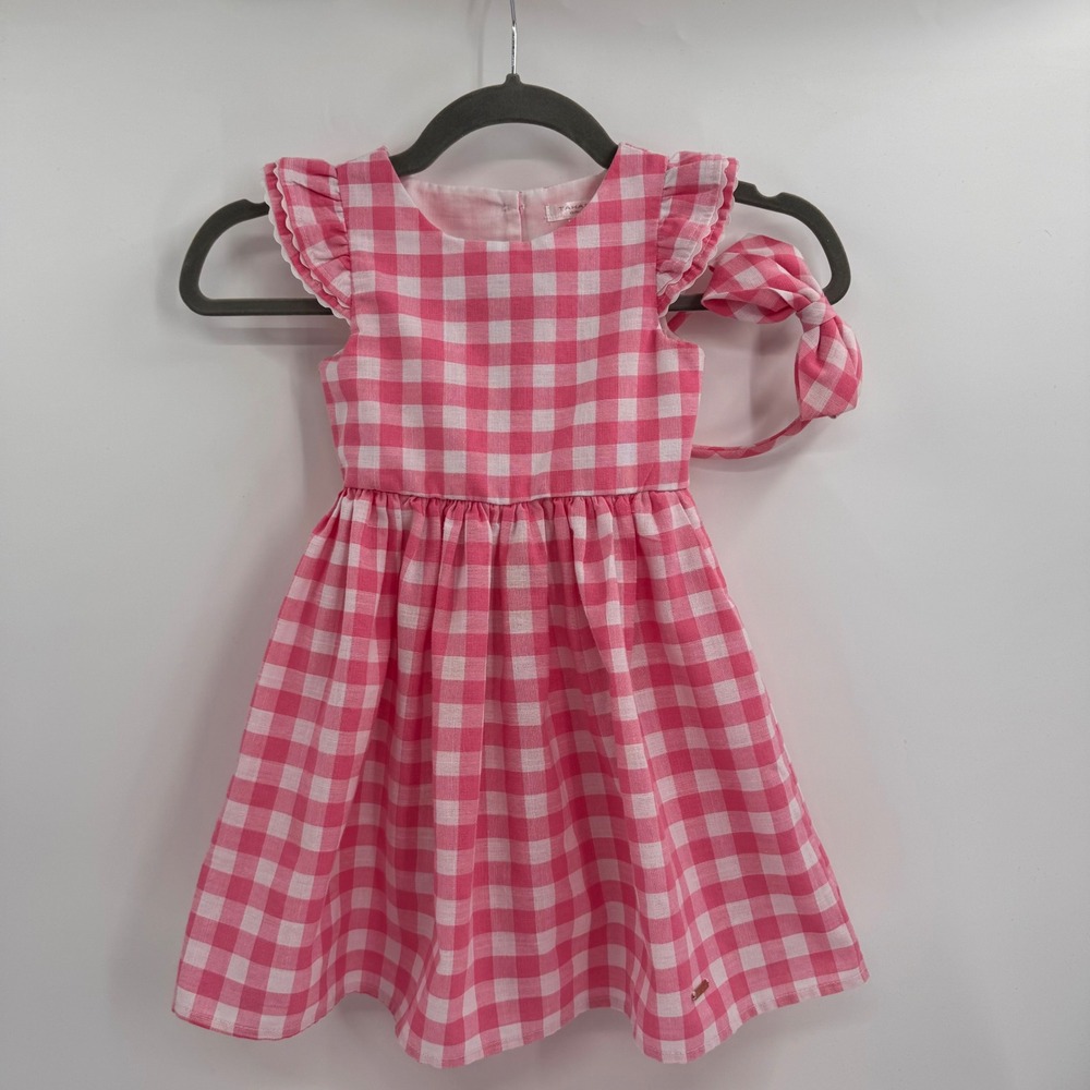 Tahari Girl Pink White Gingham Dress and Headband Set Size 4 Flutter Sleeve